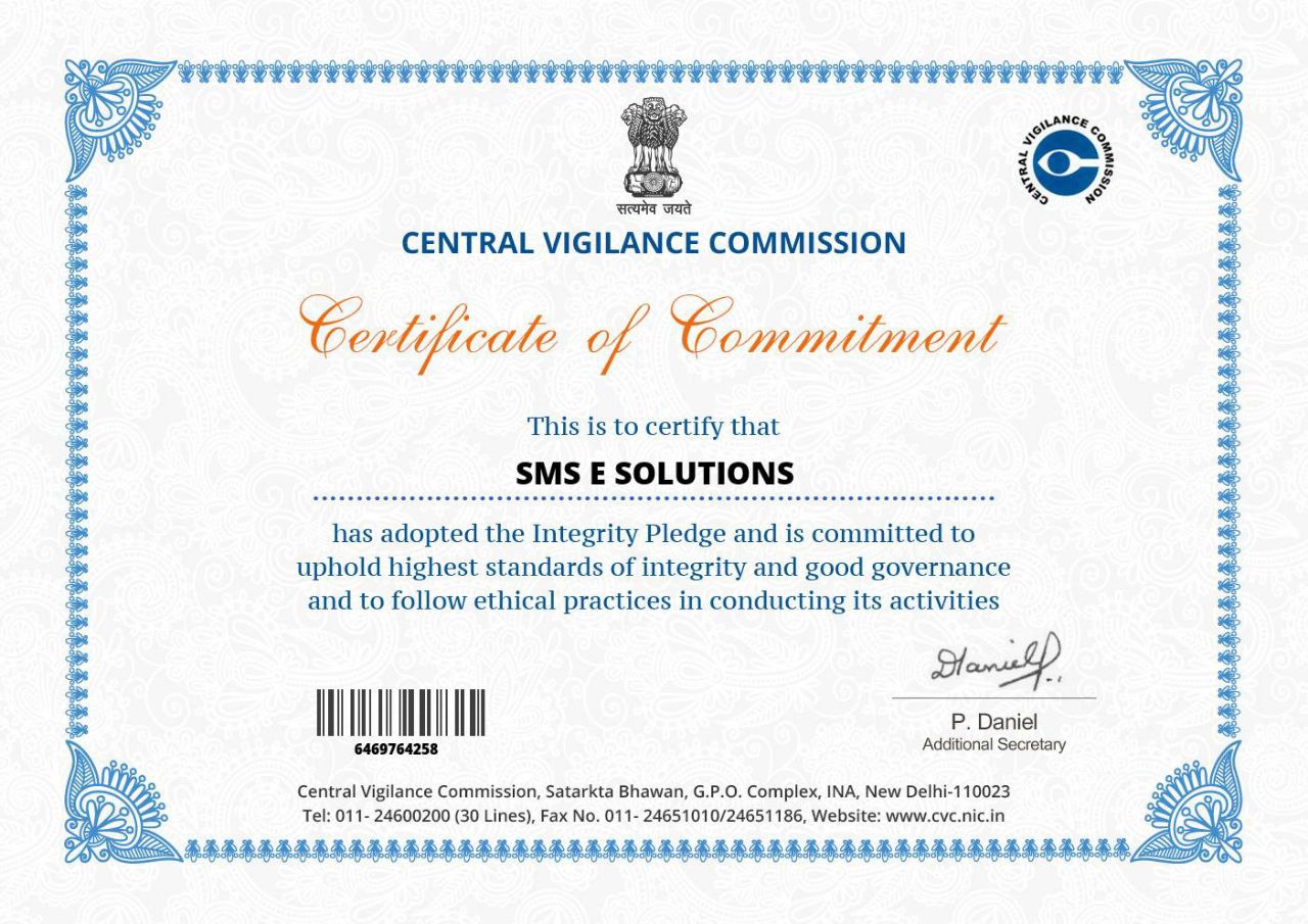 Central Vigilance Commission certificate of commitment issued to SMS E Solutions